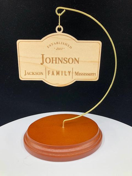 Holiday Ornament- Plaque with Personalized Family Name (City, State, & year established)